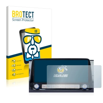 Parte frontal de un envase de producto con el logotipo de la marca BROTECT. Al lado se muestra el dispositivo Hyundai Kona 202