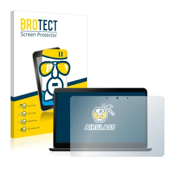 Parte frontal de un envase de producto con el logotipo de la marca BROTECT. Al lado se muestra el dispositivo Google Pixelbook