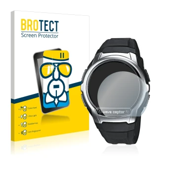 Parte frontal de un envase de producto con el logotipo de la marca BROTECT. Al lado se muestra el dispositivo Casio Wave Cepto