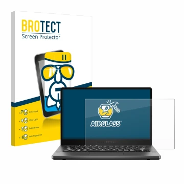 Parte frontal de un envase de producto con el logotipo de la marca BROTECT. Al lado se muestra el dispositivo ASUS ROG Zephyru