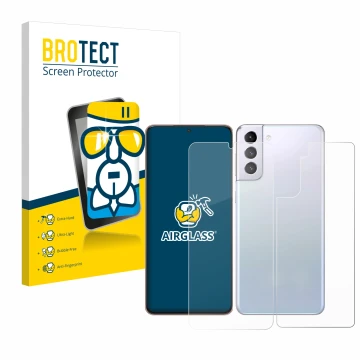 Parte frontal de un envase de producto con el logotipo de la marca BROTECT. Al lado se muestra el dispositivo Samsung Galaxy S
