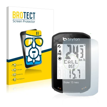 Parte frontal de un envase de producto con el logotipo de la marca BROTECT. Al lado se muestra el dispositivo Bryton Rider 15 