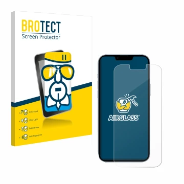 Parte frontal de un envase de producto con el logotipo de la marca BROTECT. Al lado se muestra el dispositivo Apple iPhone 13 