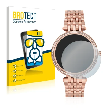 Parte frontal de un envase de producto con el logotipo de la marca BROTECT. Al lado se muestra el dispositivo Michael Kors Acc