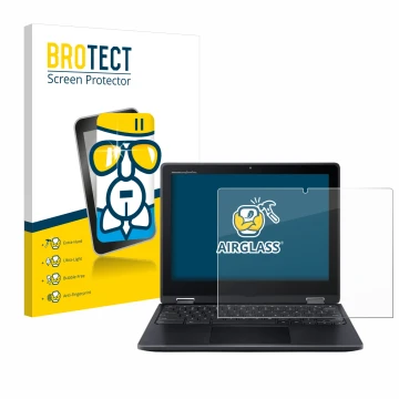 Parte frontal de un envase de producto con el logotipo de la marca BROTECT. Al lado se muestra el dispositivo Acer Chromebook 