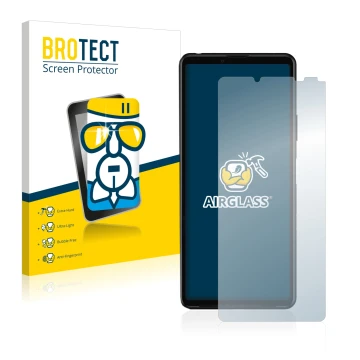 Parte frontal de un envase de producto con el logotipo de la marca BROTECT. Al lado se muestra el dispositivo Sony Xperia 10 I