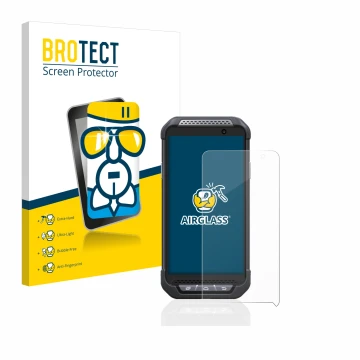 Parte frontal de un envase de producto con el logotipo de la marca BROTECT. Al lado se muestra el dispositivo Point Mobile PM8