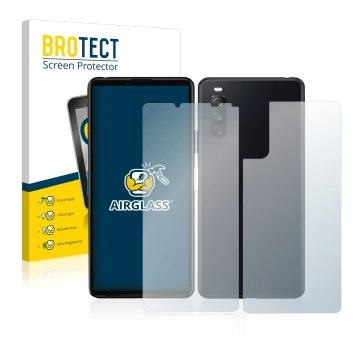 Parte frontal de un envase de producto con el logotipo de la marca BROTECT. Al lado se muestra el dispositivo Sony Xperia 10 I