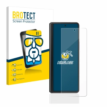 Parte frontal de un envase de producto con el logotipo de la marca BROTECT. Al lado se muestra el dispositivo Samsung Galaxy Z