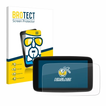 Parte frontal de un envase de producto con el logotipo de la marca BROTECT. Al lado se muestra el dispositivo TomTom GO Discov