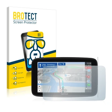 Parte frontal de un envase de producto con el logotipo de la marca BROTECT. Al lado se muestra el dispositivo TomTom GO Discov