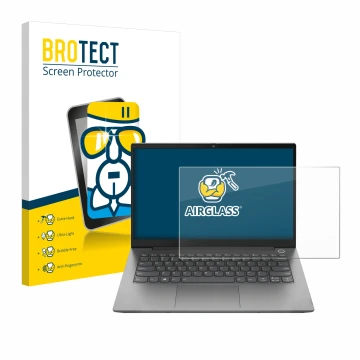 Parte frontal de un envase de producto con el logotipo de la marca BROTECT. Al lado se muestra el dispositivo Lenovo ThinkPad 