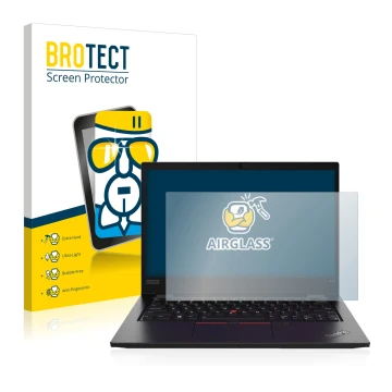 Parte frontal de un envase de producto con el logotipo de la marca BROTECT. Al lado se muestra el dispositivo Lenovo ThinkPad 