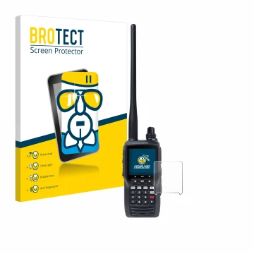 Parte frontal de un envase de producto con el logotipo de la marca BROTECT. Al lado se muestra el dispositivo Yaesu FTA-550 co