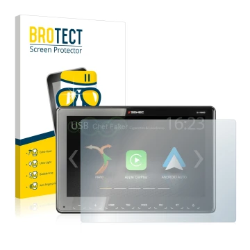 Parte frontal de un envase de producto con el logotipo de la marca BROTECT. Al lado se muestra el dispositivo Zenec Z-N965 con