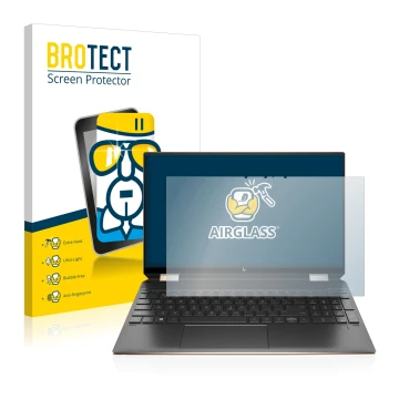 Parte frontal de un envase de producto con el logotipo de la marca BROTECT. Al lado se muestra el dispositivo HP Spectre x360 