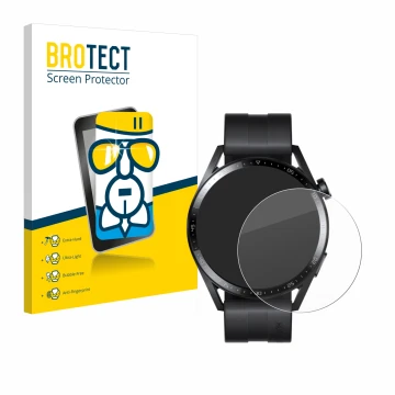 Parte frontal de un envase de producto con el logotipo de la marca BROTECT. Al lado se muestra el dispositivo Huawei Watch GT 