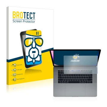 Parte frontal de un envase de producto con el logotipo de la marca BROTECT. Al lado se muestra el dispositivo Apple MacBook Pr
