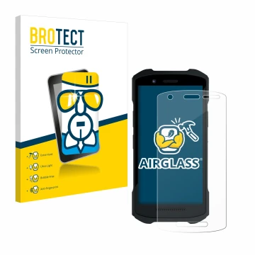 Parte frontal de un envase de producto con el logotipo de la marca BROTECT. Al lado se muestra el dispositivo Zebra TC26 con s