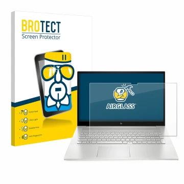 Parte frontal de un envase de producto con el logotipo de la marca BROTECT. Al lado se muestra el dispositivo HP Envy 17-cX co
