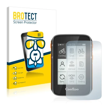 Parte frontal de un envase de producto con el logotipo de la marca BROTECT. Al lado se muestra el dispositivo CooSpo BC200 con