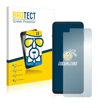 Parte frontal de un envase de producto con el logotipo de la marca BROTECT. Al lado se muestra el dispositivo Motorola G100 co