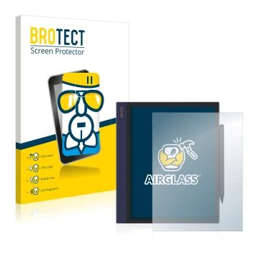 Parte frontal de un envase de producto con el logotipo de la marca BROTECT. Al lado se muestra el dispositivo Boox Note Air co