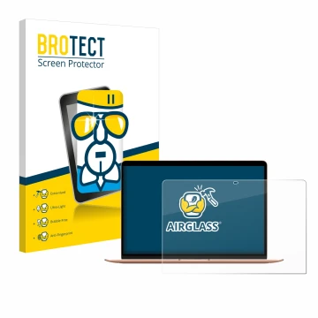 Parte frontal de un envase de producto con el logotipo de la marca BROTECT. Al lado se muestra el dispositivo Apple MacBook Ai