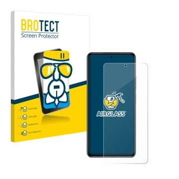 Parte frontal de un envase de producto con el logotipo de la marca BROTECT. Al lado se muestra el dispositivo Xiaomi Poco F3 c