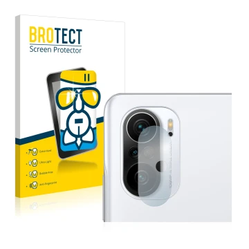 Parte frontal de un envase de producto con el logotipo de la marca BROTECT. Al lado se muestra el dispositivo Xiaomi Poco F3 (