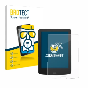 Parte frontal de un envase de producto con el logotipo de la marca BROTECT. Al lado se muestra el dispositivo inkBOOK Calypso 