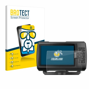 Parte frontal de un envase de producto con el logotipo de la marca BROTECT. Al lado se muestra el dispositivo Garmin Striker V