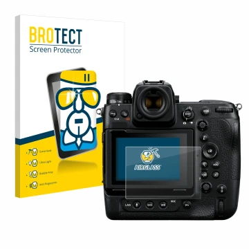 Parte frontal de un envase de producto con el logotipo de la marca BROTECT. Al lado se muestra el dispositivo Nikon Z 9 con su