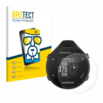 Parte frontal de un envase de producto con el logotipo de la marca BROTECT. Al lado se muestra el dispositivo Garmin Approach 