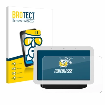 Parte frontal de un envase de producto con el logotipo de la marca BROTECT. Al lado se muestra el dispositivo Google Nest Hub 