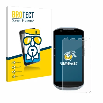 Parte frontal de un envase de producto con el logotipo de la marca BROTECT. Al lado se muestra el dispositivo Zebra TC52x con 