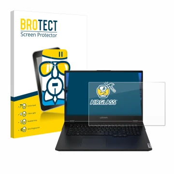 Parte frontal de un envase de producto con el logotipo de la marca BROTECT. Al lado se muestra el dispositivo Lenovo Legion 5 