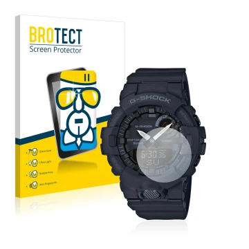 Parte frontal de un envase de producto con el logotipo de la marca BROTECT. Al lado se muestra el dispositivo Casio G-Shock GB
