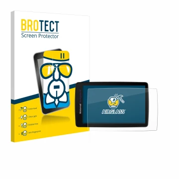 Parte frontal de un envase de producto con el logotipo de la marca BROTECT. Al lado se muestra el dispositivo BMW Navigator VI