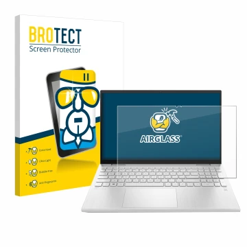 Parte frontal de un envase de producto con el logotipo de la marca BROTECT. Al lado se muestra el dispositivo HP Pavilion x360