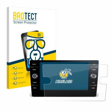 Parte frontal de un envase de producto con el logotipo de la marca BROTECT. Al lado se muestra el dispositivo Volkswagen Tigua