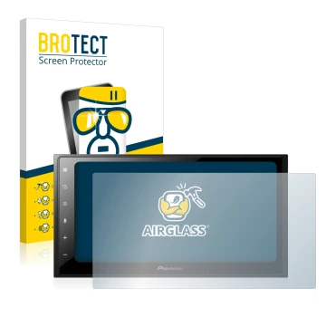 Parte frontal de un envase de producto con el logotipo de la marca BROTECT. Al lado se muestra el dispositivo Pioneer SPH-DA25