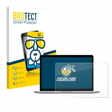 Parte frontal de un envase de producto con el logotipo de la marca BROTECT. Al lado se muestra el dispositivo Apple MacBook Pr