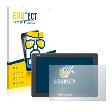 Parte frontal de un envase de producto con el logotipo de la marca BROTECT. Al lado se muestra el dispositivo Feelworld FW279 