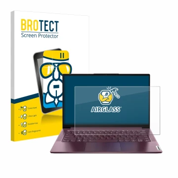 Parte frontal de un envase de producto con el logotipo de la marca BROTECT. Al lado se muestra el dispositivo Lenovo Yoga Slim