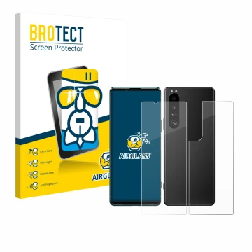 Parte frontal de un envase de producto con el logotipo de la marca BROTECT. Al lado se muestra el dispositivo Sony Xperia 5 II