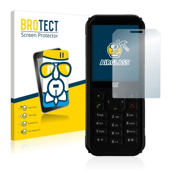 Parte frontal de un envase de producto con el logotipo de la marca BROTECT. Al lado se muestra el dispositivo Caterpillar Cat 