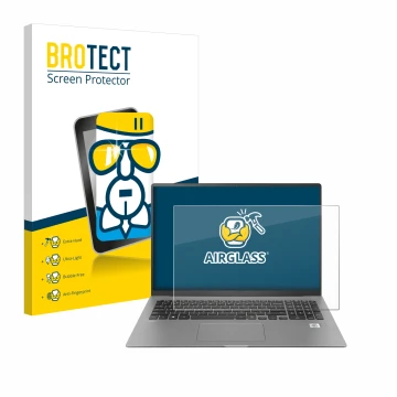 Parte frontal de un envase de producto con el logotipo de la marca BROTECT. Al lado se muestra el dispositivo LG gram 17'' 202