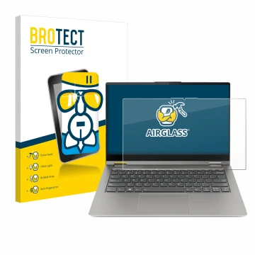 Parte frontal de un envase de producto con el logotipo de la marca BROTECT. Al lado se muestra el dispositivo Lenovo ThinkBook