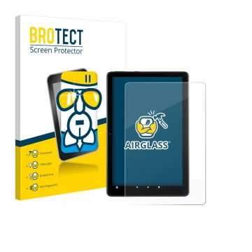 Parte frontal de un envase de producto con el logotipo de la marca BROTECT. Al lado se muestra el dispositivo Amazon Fire HD 1